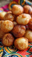 Poster - A bunch of fried dough balls are piled on top of each other on a red and green cloth