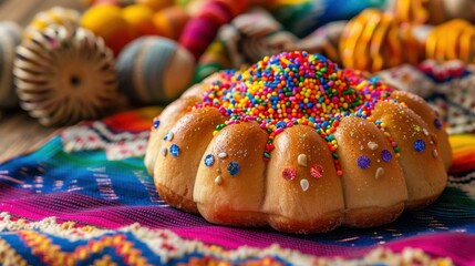 Aufkleber - A colorful pastry with sprinkles on top sits on a tablecloth