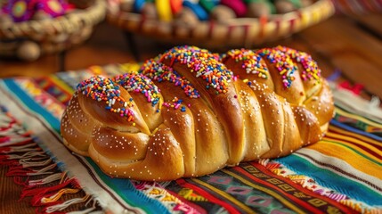 Poster - A colorful pastry with sprinkles on top sits on a tablecloth. The tablecloth is multicolored and has a pattern. The pastry is the main focus of the image, and the sprinkles add a touch of sweetness