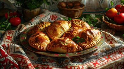 Poster - A plate of pastries sits on a table with a red and white cloth. The pastries are arranged in a circle and are surrounded by a variety of fruits and vegetables. The table setting gives off a warm