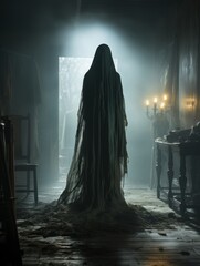 Poster - a woman in a ghostly dress standing in a dark room