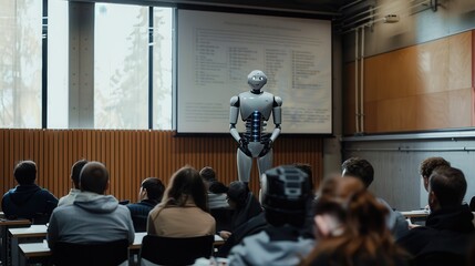 Poster - A robot is standing in front of a group of people in a classroom. The robot is wearing a black suit and has a serious expression on its face