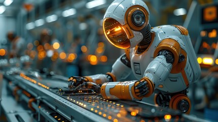 Poster - A robot is working on a conveyor belt. The robot is orange and white