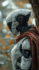 Poster - A robot with a white helmet and red and black ears stands in front of a tree