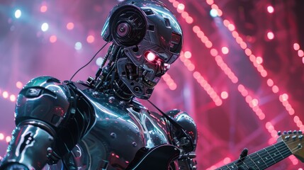 Aufkleber - A robot is playing a guitar in a neon lighted room. The robot is wearing a black suit and has a skull on its head. The room is filled with bright lights and the robot is the center of attention
