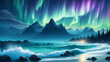 © lone wolf - simple view of the ocean and aurora, shining beautifully in the sky and over the sea, with night views, Generative AI
