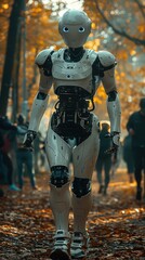 Fototapete - A robot is walking through a forest with people behind it. The robot is white and has a blue face