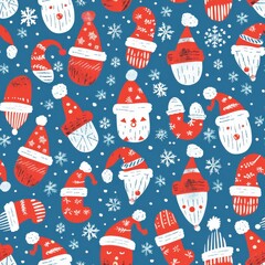 Poster - A blue and red pattern of Santa hats and snowflakes. The hats are drawn in a cartoon style and the snowflakes are scattered throughout the design. Scene is festive and cheerful