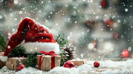 Poster - A red hat with a white santa hat on top of a Christmas tree. The hat is surrounded by pine needles and presents