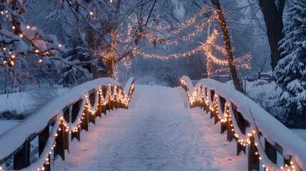 Poster - A bridge covered in lights and snow. The bridge is in the middle of a snowy landscape