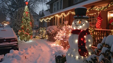 Poster - A snowman stands on the snowy front lawn of a house decorated for Christmas. String lights illuminate the snowman, a nearby Christmas tree, and the house. The snowy yard is softly lit by the festive d