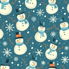 Poster - This digital image features a repeating pattern of cheerful snowmen on a teal background with snowflakes. The snowmen are all wearing top hats and scarves and have friendly smiles. The image is bright