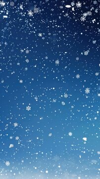 A photo of a blue sky with a light snowfall. The snowflakes are falling from the top of the image and are visible in various sizes. The image is captured during the day, as the sky is blue with hints 