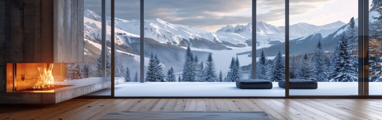 Poster - This image shows a cozy modern cabin with a fireplace and large windows overlooking a breathtaking snowy mountain view. The fireplace is burning brightly, providing warmth and ambiance, while the outs