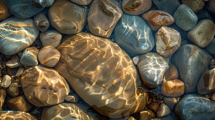 Poster - A close-up image showcasing a collection of smooth, river rocks submerged in shallow water. The sunlight shines through the water, creating beautiful, abstract patterns and reflections on the rocks.