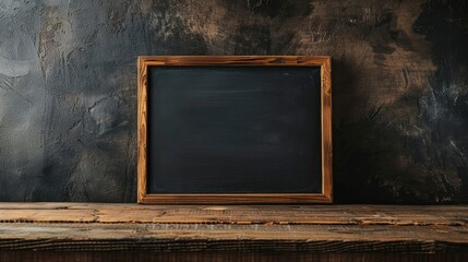 Wall Mural - Wooden table with blackboard for displaying products and education purposes