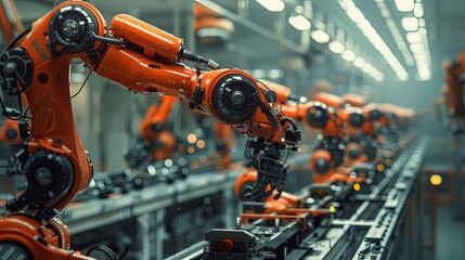 Canvas Print - An orange robotic arm operates with precision in a modern, highly automated industrial plant setting
