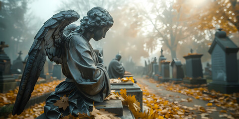 Stone angel statue in cemetery with autumn leaves. Cinematic photography. Memorial, remembrance, and autumn season concept