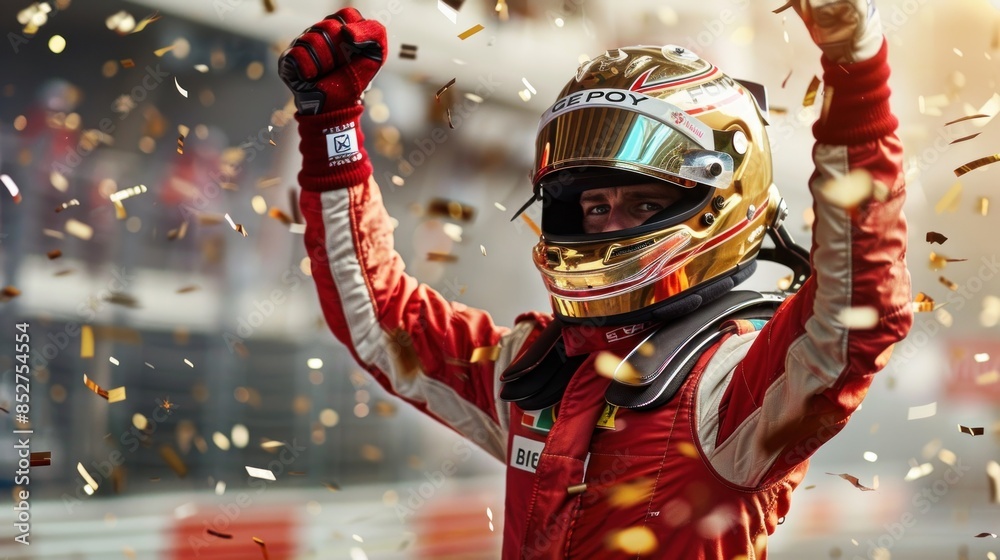 Car Racing Winner Formula One racing team driver celebrates victory with golden confetti ...