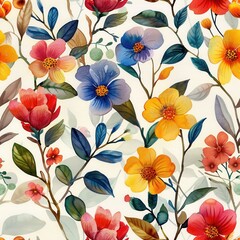 Poster - This is a seamless pattern featuring vibrant watercolor flowers and foliage. The design showcases a variety of blooms in pink, red, yellow, and blue, set against a backdrop of soft green leaves. The i