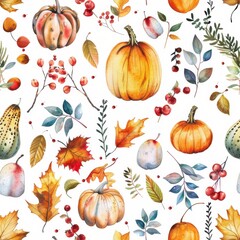 Poster - This image features a watercolor seamless pattern with a variety of autumnal elements. It includes pumpkins, leaves in various shades of yellow, orange, and red, and clusters of berries. The design is