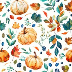 Poster - This image features a seamless pattern of watercolor painted pumpkins, leaves, and berries. The pumpkins are orange and yellow with brown stems, and the leaves are in various shades of green, red, ora