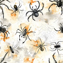Poster - This image is a watercolor pattern featuring black spiders and webs on a white background with orange and gray watercolor splatters. The spiders are depicted in various poses, some with webs surroundi
