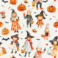 Aufkleber - A colorful watercolor illustration featuring children dressed up in various Halloween costumes. The illustration includes pumpkins, candy, bats, and other Halloween decorations, creating a festive and