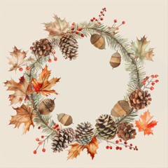 Poster - Watercolor Autumn Wreath With Pine Cones, Acorns, and Maple Leaves