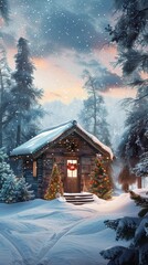 Poster - Snowy Forest Cabin Decorated For Christmas During Twilight