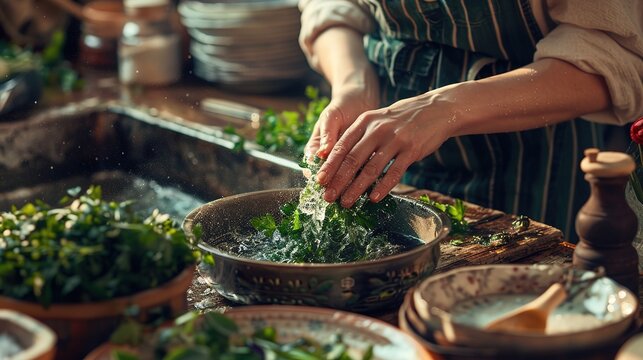 A woman washing fresh green herbs in water over an old kitchen table, focusing on hands and bowl, in a rustic setting with vintage dishes, natural light casting soft shadows. 