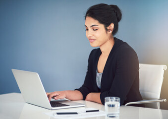 Poster - Business, thinking and woman with laptop, typing and opportunity with problem solving, choice and decision. Person, entrepreneur and journalist with ideas, planning and pc for research and solution