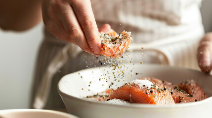 Wall Mural - Culinary Delight: Woman Seasoning Fresh Salmon with Salt and Pepper in Kitchen