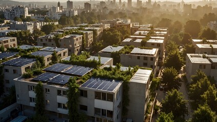 Wall Mural - The daily life of citizens in a sustainable, self-sufficient city powered by renewable energy ai_generated