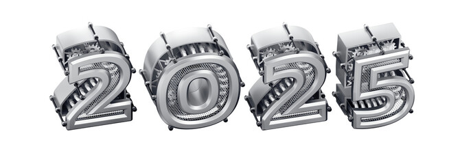 Aufkleber - The New Technological Year of 2025. Designed in modern steampunk style a row of 3D digits, which are composed into the number 2025. 3D rendering graphics in isometric projection.