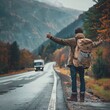 © cff999 - man with backpack standing on the road with his arms outstretched in the mountains
