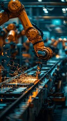 Wall Mural - An industrial robotic arm performs precision cutting on a metal piece with sparks flying around in a factory