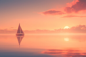 Sailboat on the open sea during a vibrant sunset with colorful skies. Outdoor photography capturing the serene and tranquil atmosphere. Sailing, adventure, and travel concept for nautical, vacation