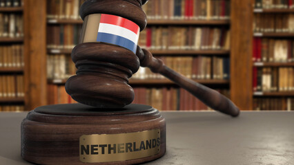 Wall Mural - Netherlands Flag on Judge Gavel or Hammer in Court with Country Name. Legal System 3D Illustration