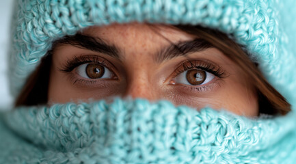 Wall Mural - gros plan sur le regard d'une femme derrière un pullover et un bonnet turquoise