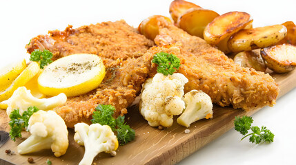 crispy breaded fried pork chop, boiled potatoes and cooked cauliflower on wooden table isolated on white background, png