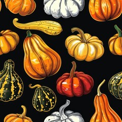 Poster - A black and white drawing of various types of pumpkins and squash. The drawing is of a pattern of pumpkins and squash, with some of them being larger than others. The drawing has a vintage feel to it