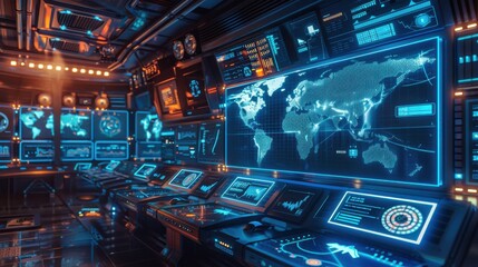 Fototapete - A computer room with a large monitor displaying a map of the world. The room is filled with computer monitors and the atmosphere is futuristic and high-tech