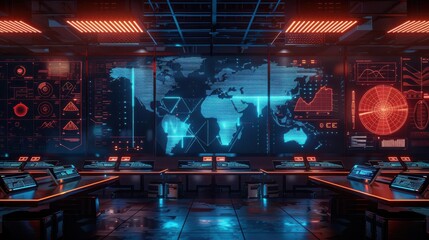 Poster - A computer room with a large screen showing a map of the world. The room is filled with computer monitors and the walls are lit up with red lights. Scene is futuristic and high-tech