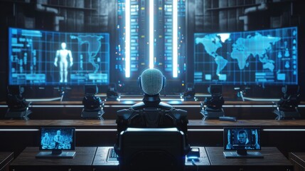 Poster - A robot is sitting in front of a computer monitor with a map of the world on the screen