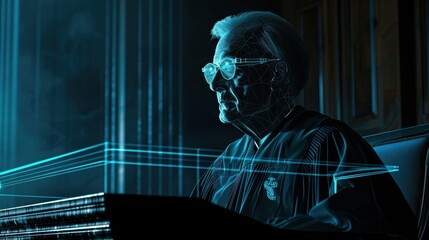 Leinwandbilder - A man in a black robe sits at a desk with a computer monitor in front of him