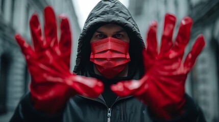 A hooded figure with red glove stands in an urban setting. The figures face is obscured by a red mask