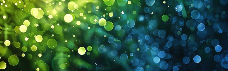 Fototapete - A green and blue background with many small circles. The circles are of different sizes and colors. The background is a mix of green and blue, creating a vibrant and lively atmosphere