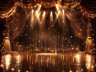 Lights stage show gold bronze drapes opulent backdrop royal party photobooth empty theatre shiny fabric draping background theatrical royal theater grand luxurious opulent movie opening blank frame 