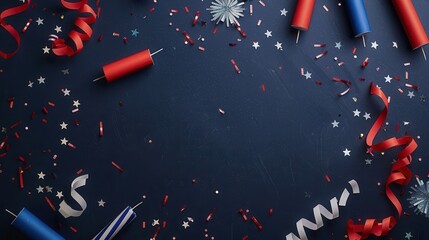 Poster - A top-down view of a dark blue background with red, white, and blue confetti and party streamers scattered across it. There are also small silver stars and other decorative elements. The photo is perf